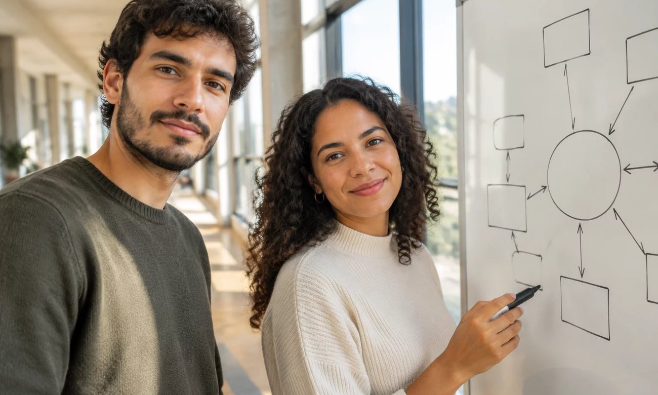 Duas pessoas de pé diante do quadro branco, desenhando o esqueleto de um argumento